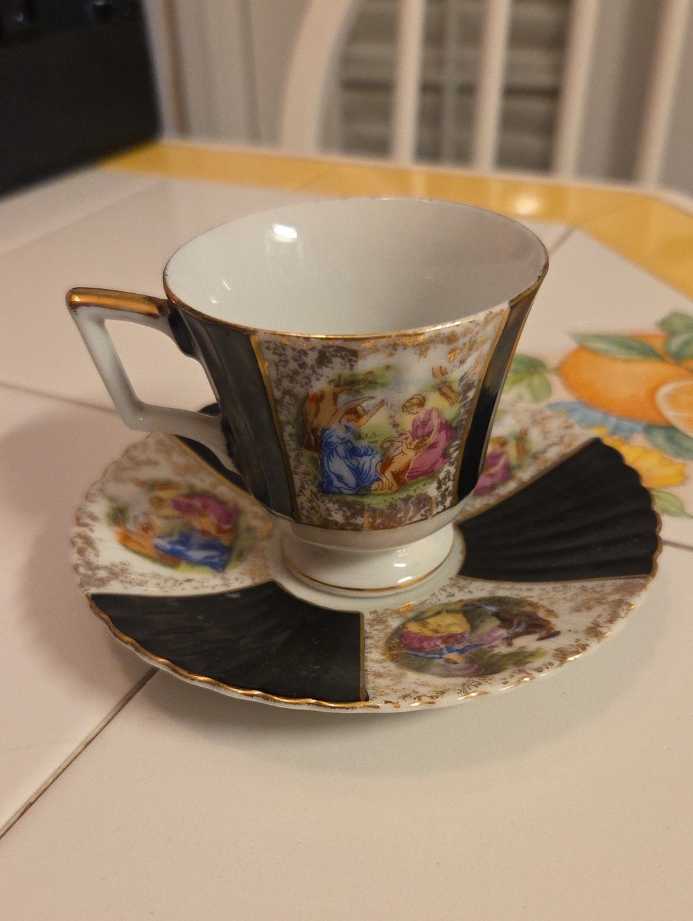 Vintage Shafford Decorative Teacup and Saucer Set in Black, White, and Gold